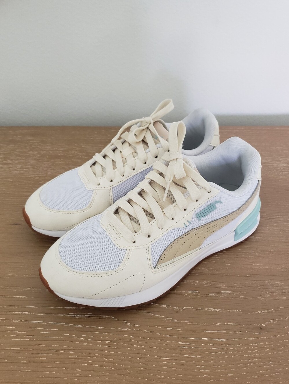Women's Puma Cream White Sneakers with Tan Formstrip and Aqua Heel